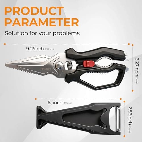 FINENUT Heavy Duty Kitchen Scissors with Peeler Sheath - Spring Loaded Poultry Shears for Chicken, Meat & Fish - Multipurpose Food Scissors with Safety Lock & Non-Slip Handle, Dishwasher Safe view 3