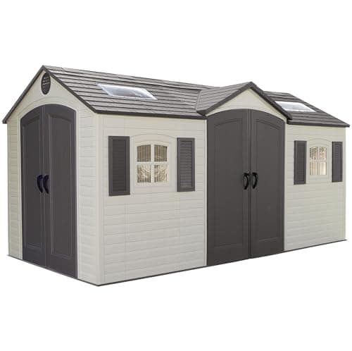Lifetime 15×8 Ft Dual‑Entry Outdoor Storage Shed, Steel‑Reinforced, UV‑Protected, Weather‑Resistant Backyard Garden Shed with Skylights, Windows & Shelving, Desert Sand
