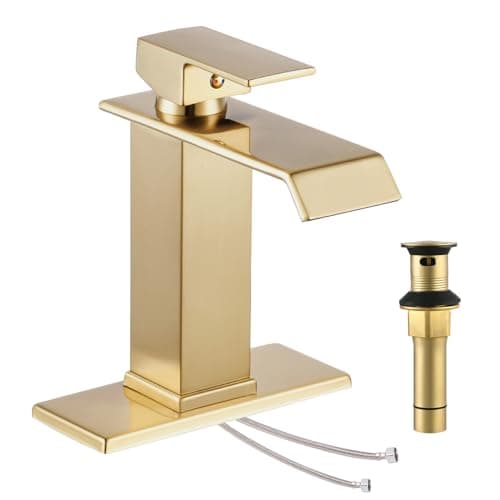 KUZOR Gold Waterfall Bathroom Sink Faucet, Brushed Gold Finish, Single Handle, 1 or 3 Hole Installation, Metal Pop Up Drain, 23.6-inch Hoses, 3/8 Inch Compression Threads — image 1