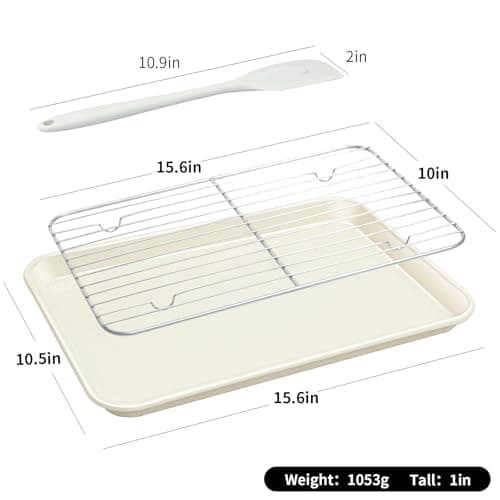 Ymiton 7PCS Nonstick Baking Sheet Set - 10x15in Jelly Roll Pan with Wire Rack, Silicone Spatula & 4 Cookie Cutters, Thickened Carbon Steel, Oven Safe 450°C, Sunshine Cream view 2