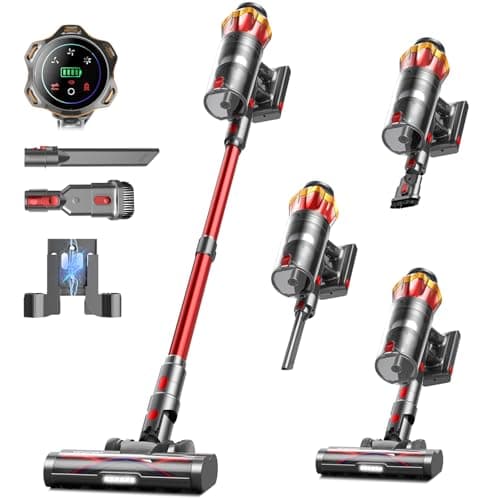 Cordless Vacuum Cleaner, 650W/55KPa 70Mins Vacuum Cleaners for Home, Self-Standing Stick Vacuum with Anti-Tangle Brush & OLED Touch Screen, Vacuum Cleaner for Hardwood Floors,Carpet,Pet Hair,Car (Red) view 1