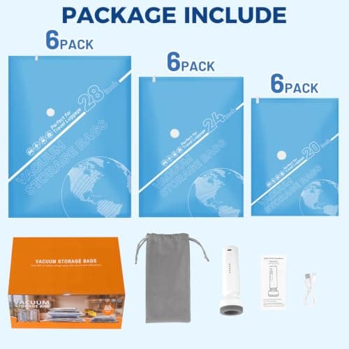 Vacuum Storage Bags with Cordless Pump, Vacuum Seal Space Saver Bags 18 Combo, 80% Space-Saving Bags for Clothing, Blankets, Pillows, Bedding & Comforters; Multi-Size Variety Pack for Home & Travel view 6