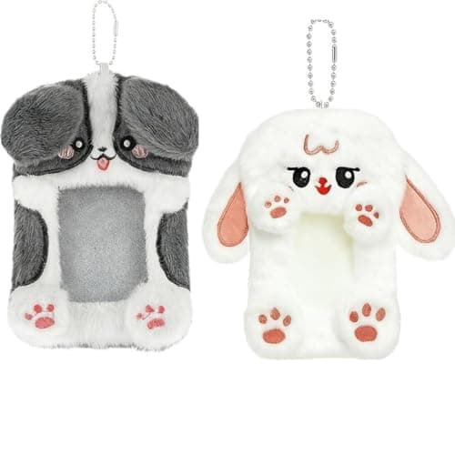 2PCS Cute Plush Photocard Holder with Keychain, Cartoon Animal Photo Sleeve ID Bank Badge Holder, Soft Idol Photo Protective Cover for Fans School Office, Best Christmas Birthday Gift — image 1