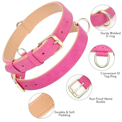 Jumpress Leather Dog Collar for Small Medium Large Dogs, Soft Padded Dog Leather Collar with Heavy Duty Gold Buckle, Durable & Comfortable for Puppy Dogs Daily Walking (Hot Pink, XS) view 2