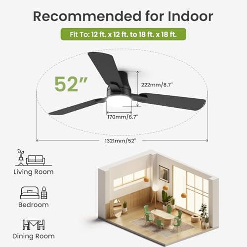 OSTIVE Ceiling Fans with Lights and Remote: 52 Inch Modern Ceiling Fan, Low Profile Flush Mount, Quiet Reversible DC Motor & 3CCT Dimmable LED for Bedroom Living Room Kitchen Indoor Home (Black) view 3