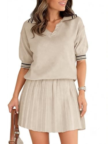 Fisoew Womens Summer 2 Piece Skirt Sets Short Sleeve V Neck Knit Sweater Tops Pleated Mini Skirt Casual Beach Outfits