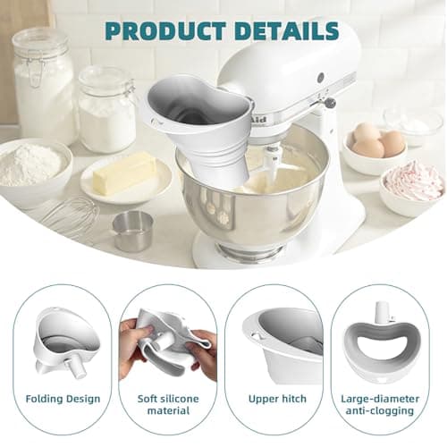 2026 Updated Flour Funnel for Kitchen Aid Mixer, Durable Anti-Splash Mixer Flour Funnel for Tilt-Head 4.5–7 Qt (KSM150), Easy Pour No-Mess Attachment, Dishwasher-Safe Baking Tool (White) view 3