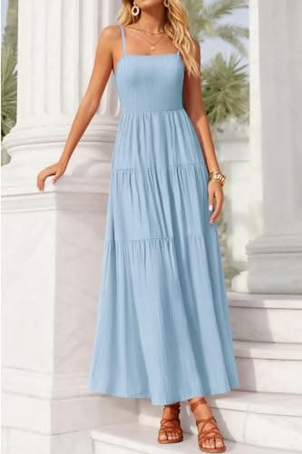 Okiwam Women's Summer Dress 2026 Casual Boho Sleeveless Spaghetti Strap Smocked Maxi Dress Ruffle Long Beach Sundresses view 6