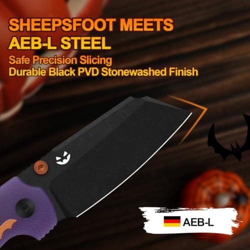 Kizer C01C 275 2.75" AEB-L Glow-in-the-Dark G10 Halloween Pocket Knife | Purple & Yellow, Thumb Stud, GID Inlays, Button Liner Lock, Black PVD Coating & Stonewashed, GID Skull Bead, V3488.27HW1 view 2