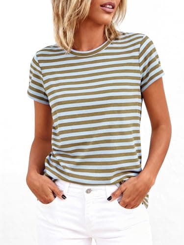 BTFBM Tops for Women Trendy Summer 2026 Crew Neck Short Sleeve T Shirts Striped Casual Vacation Blouse Loose Basic Tee view 4