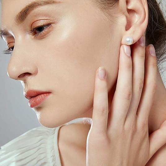 Round White Freshwater Cultured Pearl Stud Earrings, Sterling Silver 18K Gold Plated Hypoallergenic Earring Studs Jewelry For Women- AAAA Quality view 3