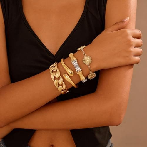 Womens Stackable Floral Gold Bracelets - 4Pcs 18K Gold Plated Bracelet,Stainless Steel Bangle Bracelets Non Tarnish,Gold Bracelet Set Fashion Jewelry,Valentines Birthday Christmas Jewelry Gifts view 3