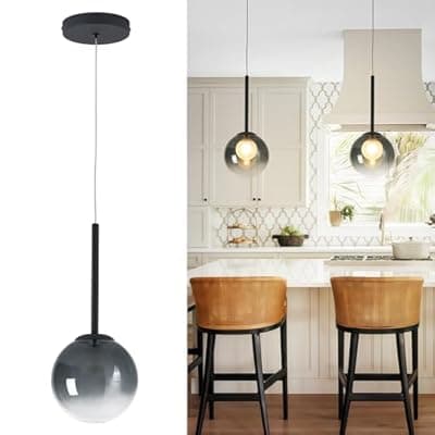 puncoll Modern Pendant Light - Pendant Light for Kitchen Island with Smocky Black Glass Globe - Hanging Ceiling Light Fixture, H3960-1-SMBK