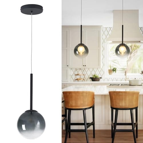 puncoll Modern Pendant Light - Pendant Light for Kitchen Island with Smocky Black Glass Globe - Hanging Ceiling Light Fixture, H3960-1-SMBK — image 1