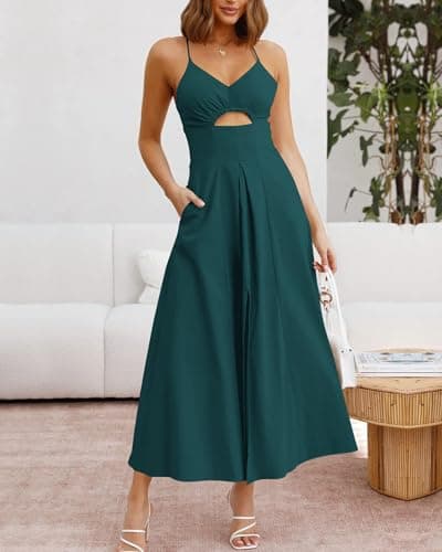 BTFBM Women 2026 Spaghetti Strap Midi Summer Dresses Sleeveless V Neck Cutout Slit Casual Beach Party Maxi Dress Pockets view 2