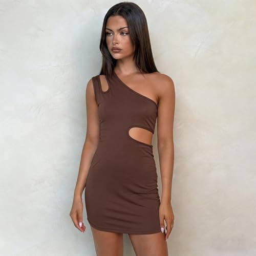 AGVNG Womens Sexy One Shoulder Bodycon Mini Dress Asymmetrical Cut Out Slim Fit Party Club Going Out Short Dresses view 6