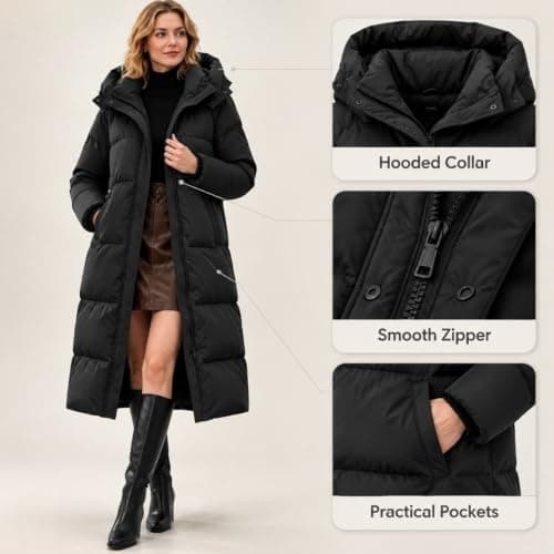 Womens Long Quilted Hooded Zipper Winter Puffer Jacket with Pockets view 5