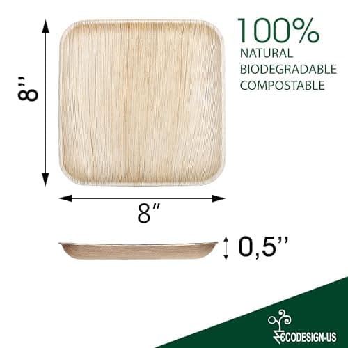 ECODESIGN-US Palm Leaf Plates 50 Count - 8" Square Disposable Heavy Duty Dinnerware - Appetizer and Dessert Plates for Weddings, Catering, Parties view 3