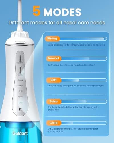 GOLDANT 350ML Neti Pot Sinus Rinse Kit, Nasal Irrigation System with 5 Modes, 4 Nozzles, Cordless Rechargeable, IPX7 Waterproof, Nose Cleaner for Sinus Relief (350ML No Salt) view 3