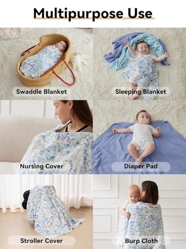 TILLYOU 3 Pack Muslin Swaddles for Newborns Baby Blankets for Girls Boys Cotton Swaddle Blankets 47"X47", Blue Flower view 6