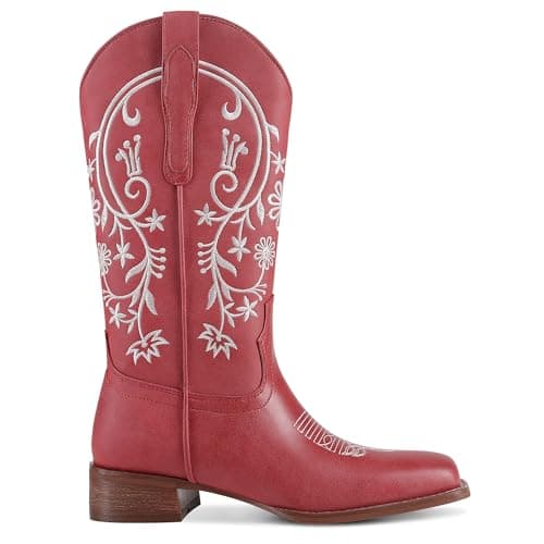 UJPFEO Cowboy Boots for Women Mid Calf Cowgirl Boots Square Toe Pull On Low Chunky Heel Embroidery Western Boots view 4