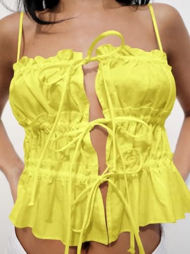 Tankaneo Womens Summer Tie Front Crop Tops Cute Ruffle Ruched Spaghetti Strap Tank Tops Y2K Going Out Shirts view 2