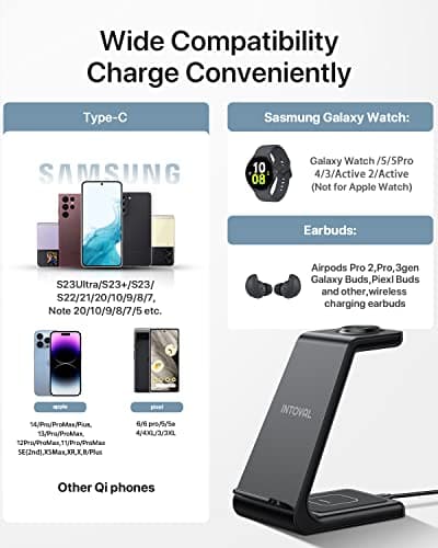 Intoval Wireless Charger,Wireless Charging Station for Samsung Galaxy Phone/Watch/Buds,fit for Galaxy S25/S24/S23/S22,Note20/10/Z Fold/FLI,Watch 8/7/6/5/4/Active 2/1, Buds3/2/Pro/Live(S3,Black) view 5