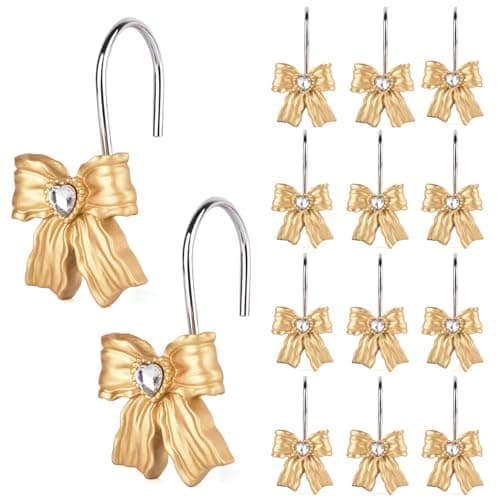 12PCS Shower Curtain Hooks Rings,Gold Bow Resin Curtain Hooks Shower Rings for Bathroom Baby Room Nursery Art Decors — image 1