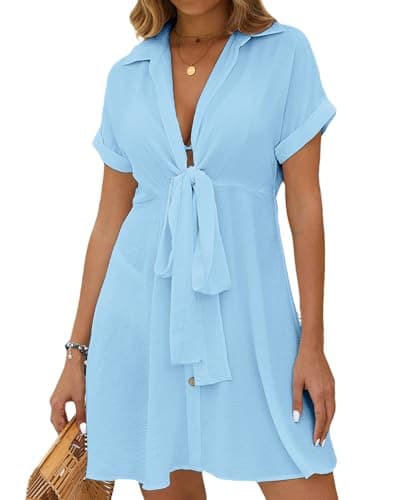 Bsubseach Womens 2026 Swimsuit Coverups Bikini Bathing Suit Cover Up Tie Front Beach Shirt Dresses Summer Vacation Outfits(Sky Blue, XL)