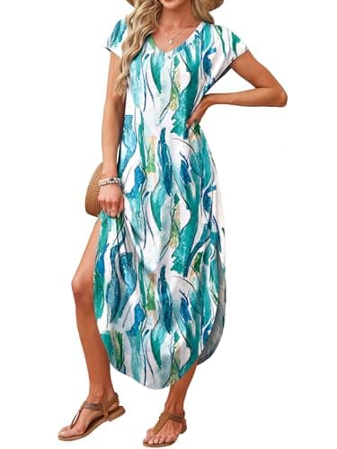 RUMIA Summer Casual Maxi Dresses for Women- Women's V Neck Cap Sleeve Long Sundress with Pockets Beach Vacation view 3