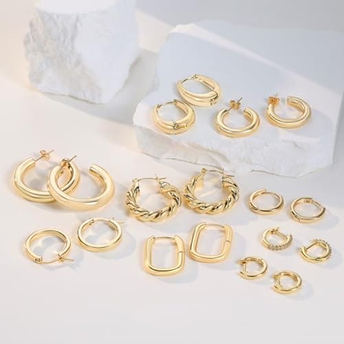 9 Pairs 14K Gold Plated Hoop Earrings for Women | Hypoallergenic Chunky Huggie Gold Earrings Set | Lightweight Small Thick Open Hoops Earrings Jewelry Pack view 2