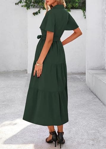 KIRUNDO Summer Button Down Wedding Guest Shirt Dresses for Women Maxi Flutter Short Sleeve Flowy Tiered Beach Sun Dress view 2