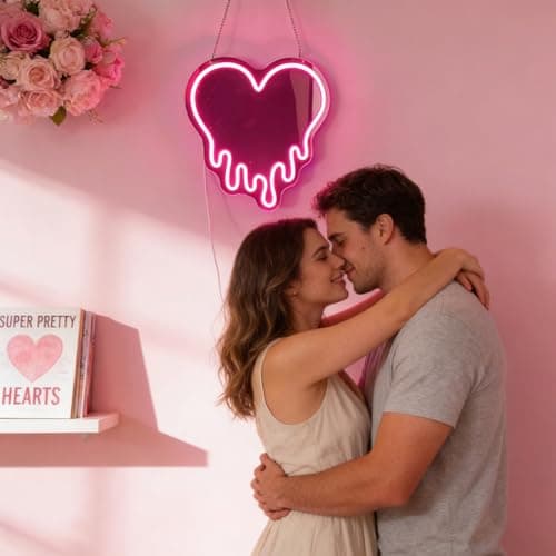 KATMBFUE Y2K Pink Heart Neon Sign, Melting Heart Neon Mirror Light, Heart vanity mirror with lights, Love Shaped LED Wall Decor for Bedroom, Girls Room,Studio, Party, Wedding, Gift for Valentine's Day, Birthday, Anniversary view 3