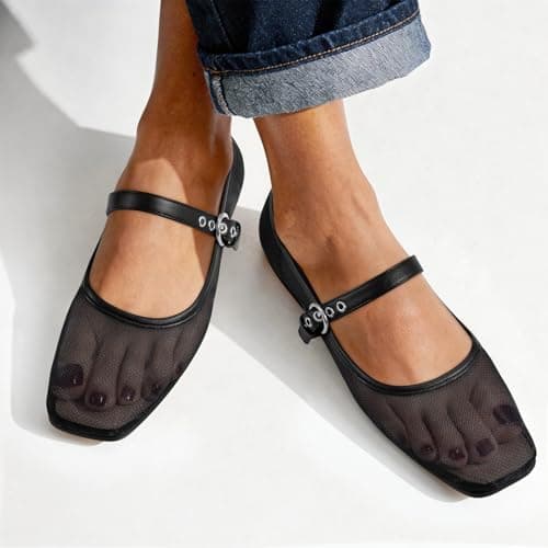 ATHMILE Women's Leopard Mesh Flats for Women Mary Janes Shoes Women Square Toe Ballet Flats with Adjustable Strap, Slip-On Comfortable Casual Dress Shoes for Office, Date Night and Daily Wear view 2