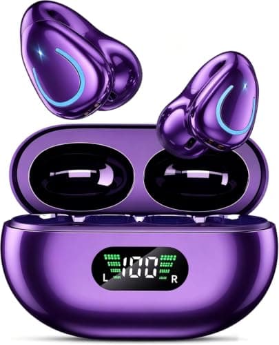 Open Ear Headphones Bluetooth 6.1 Wireless Comfort Clip On Earbuds Purple | Bone Conduction with Digital Display Charging Case Sport Earphones Built-in Mic Waterproof for Running Fitness Exercise — image 1