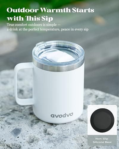 avodvo 12oz Insulated Coffee Mug with Lid – Includes Two Lids, Stainless Steel Coffee Travel Mug with Handle, Double Wall Vacuum Insulated Camping Mug for Home, Office & Outdoor, White view 6