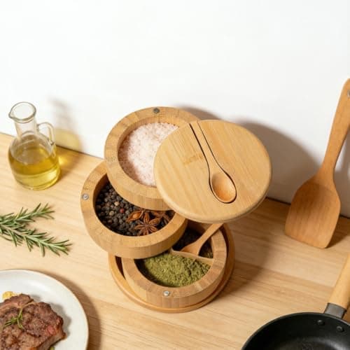 DegoCython 3-Layer Bamboo Salt Container with Magnetic Lid and Spoon, Large Capacity 10.5 Oz (Approx 287.7g) - Ideal for Celtic Sea Salt, Redmond Real & Pepper Storage view 2