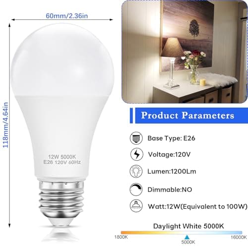 UPWATT A19 LED Bulbs, E26 LED Light Bulbs -12W (100W Equivalent), Non-Dimmable, Daylight 5000K, Bright White for Home Lighting (Pack of 4) view 2