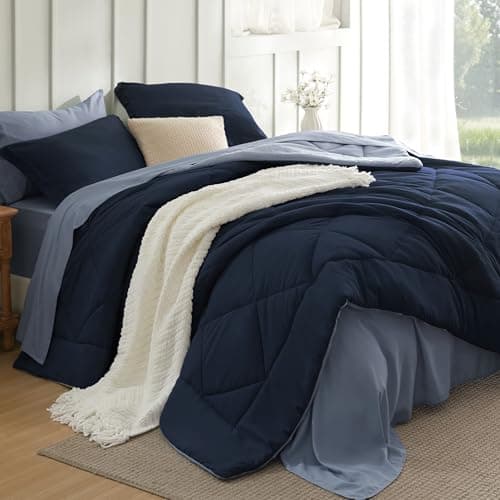 Bedsure Twin Comforter Set - 5 Pieces Reversible Navy Blue Bedding, Twin Size Bed Set for All Seasons, Bed in a Bag with Down Alternative Comforter, Sheets, Pillowcase & Sham view 1