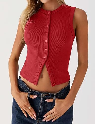 Relety Womens Crop Tank Tops Going Out Button Down Vest Seamless Ribbed Trendy Shirts Cute Sleeveless Summer Spring Y2K Cami view 5
