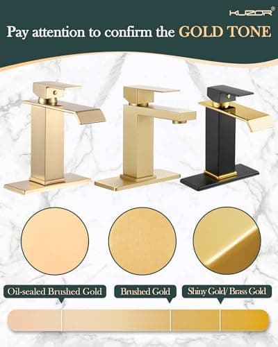 KUZOR Gold Waterfall Bathroom Sink Faucet, Brushed Gold Finish, Single Handle, 1 or 3 Hole Installation, Metal Pop Up Drain, 23.6-inch Hoses, 3/8 Inch Compression Threads view 5