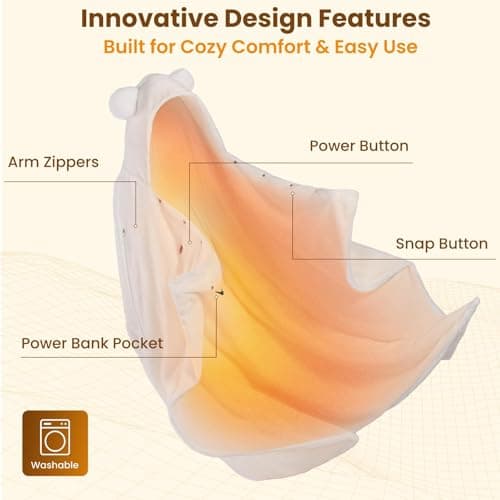 Bearbug Cordless Heated Blanket 50“ x 70", Portable Wearable Heated Blanket Shawl Hoodie Battery Operated, Car Charger, Dc Adapter, 3 Heating Level, Machine Washable, Beige view 3