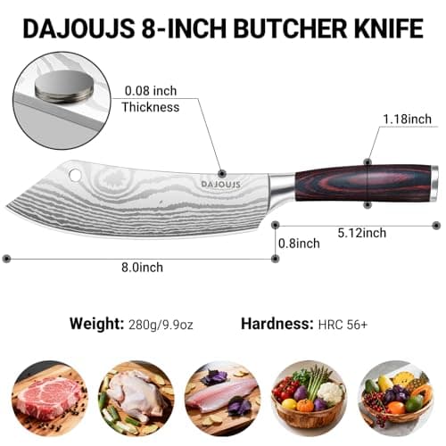 DAJOUJS 8-Inch Meat Cleaver Butcher Knife - High-Carbon Stainless Steel Professional Cleaver Chefs Knife Cutting Knives with Ergonomic Wood Handle & Gift Box for Cooking view 6