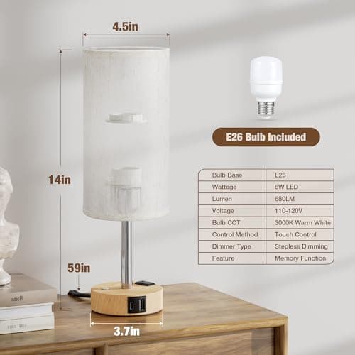Touch Bedside Table Lamp for Bedroom, Stepless Dimmable, USB A+C, AC Outlet | Base Touch Button Only, Memory Brightness, Ultra-dim Night Light, Included Bulb for Optimal Dimming, Wood Grain Base, Nursery view 5
