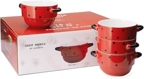 ECODECO 16 oz Ceramic Soup Bowls with Double Handles - Stackable Oven Safe - Red Polka Dot - Set of 4 view 4