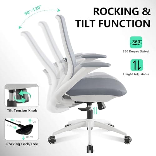 BERYTH Ergonomic Office Chair, High Back Mesh Desk Chair with Lumbar Support, 360° Swivel & Slide-Adjustable Arms, Tilt Lock and Recline, Breathable Task Chair for Home Office & Gaming (Grey) view 6