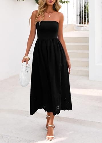 Lazysmile Summer Boho Maxi Dress for Women Strapless Tube Top Lace Trim A Line Beach Casual Long Dress view 3