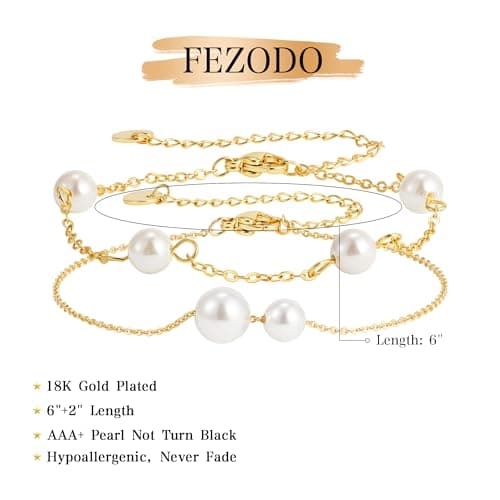 Fezodo Pearl Bracelets for Women, Dainty 18K Gold Plated Pearl Beaded Bracelet Stack Trendy Thin Link Chain Charm Bracelets Set Wedding Bridesmaid Mother Gifts Jewelry for Women view 5