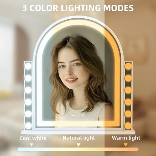 Hansong Hollywood Vanity Mirror with Lights 22.4"x23.4" Arched Lighted Makeup Mirror with Lights 12 Dimmable Bulbs Three Color Lighting Modes Detachable 10X Magnification Smart Touch Control view 3