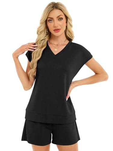 YOKGO Two Piece Sets for Women Summer V Neck Short Set Vacation Lounge Cap Sleeve Drawstring Sweatsuit with Pocket view 2